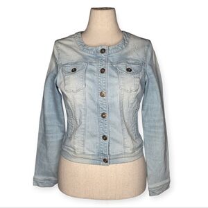 TRADITION Light Wash Distressed Denim Jacket Floral Lined Pockets Fitted Size M